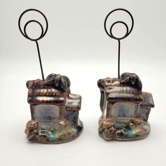 Ceramic Beach Cottage Photo Memo Holders Set of 2 w/ Palm Trees & Shells Coastal - Picture 1 of 8